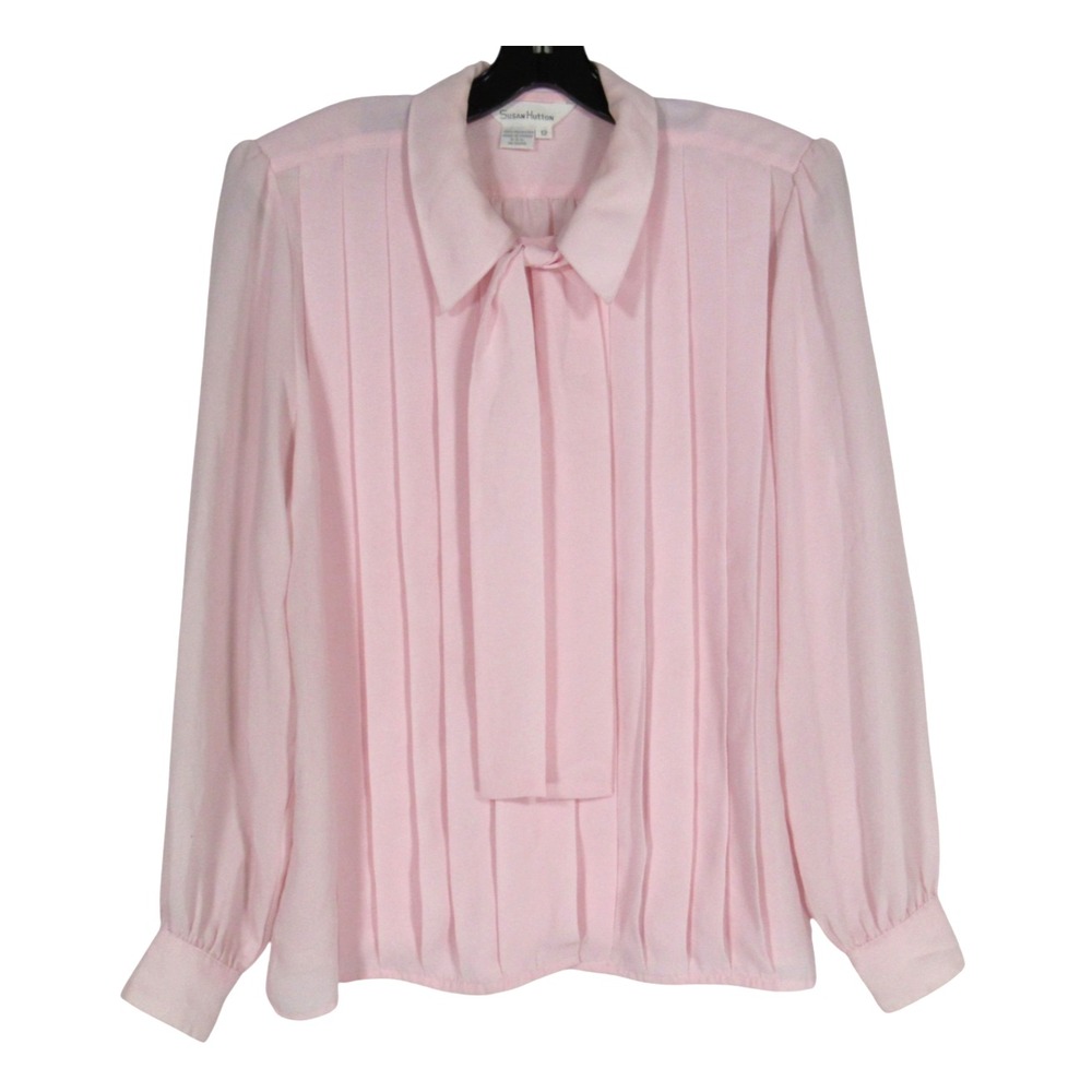 VTG SUSAN HUTTON Thin CREPE Pleated Front BOW TIE Button-Up Blouse/Top Sz 12